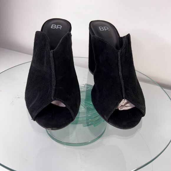 Nordstrom BP Black Suede Leather Mules Size 7M Peep Toe Block Heels - Picture 2 of 7
